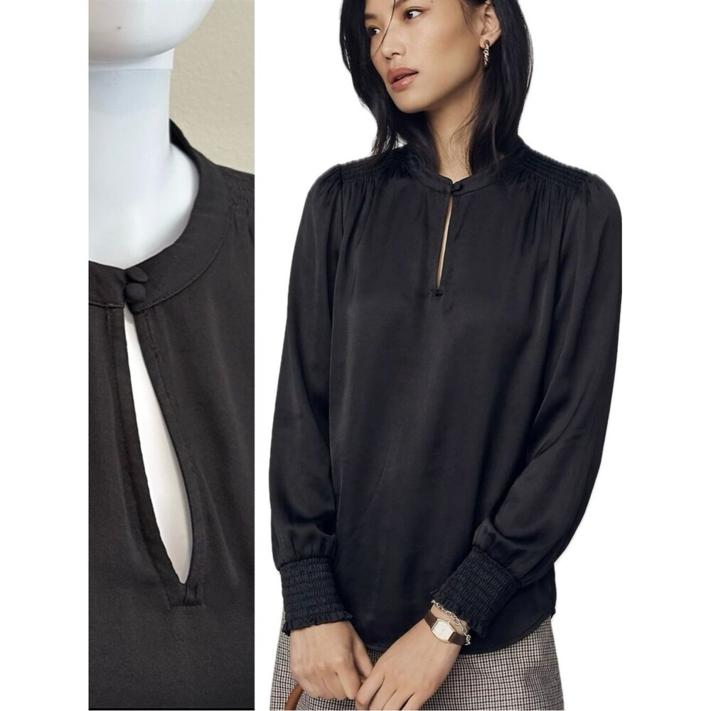LOFT Black Satin Blouse Womens Size Small Smocked Long Puff Sleeve Fairy Goth